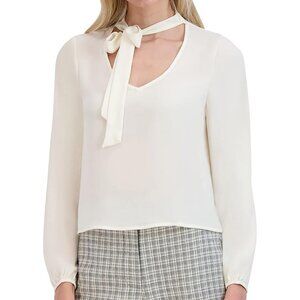 NWT BCBGeneration Women's Relaxed Long Sleeve V Neck Tie Detail Shirt, white, L